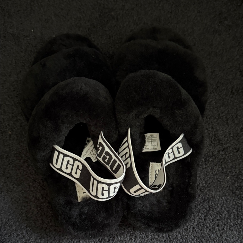 UGG Black Fluffy Slides with Logo Strap